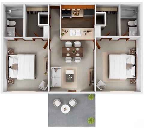 Floor plan for 2 beds, 2 baths, 901 sqft